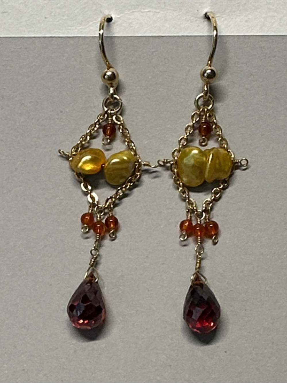 Gold-Tone Yellow Bead and Garnet Drop Dangle Earrings